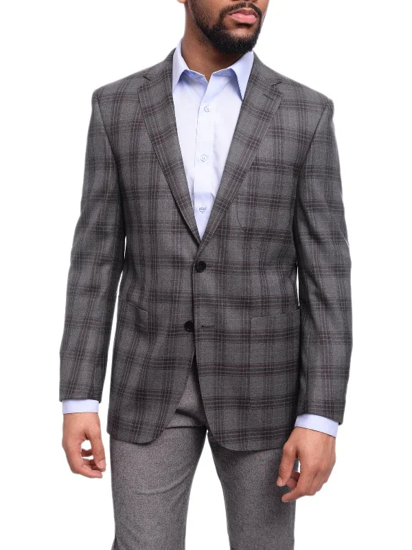 Warm Men's Wool-Blend SuitsMens Napoli Slim Fit Charcoal Gray Plaid Half Canvassed Cotton Blazer Sportcoat