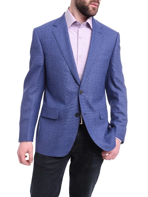 Men's Suits with Skinny LegsNapoli Classic Fit Blue Stepweave Half Canvas Wool Blazer Coat