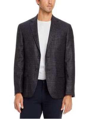 Men's Suits for Short MenMens Charcoal Gray & Navy Plaid Wool Silk Cashmere Blend Blazer Sportcoat