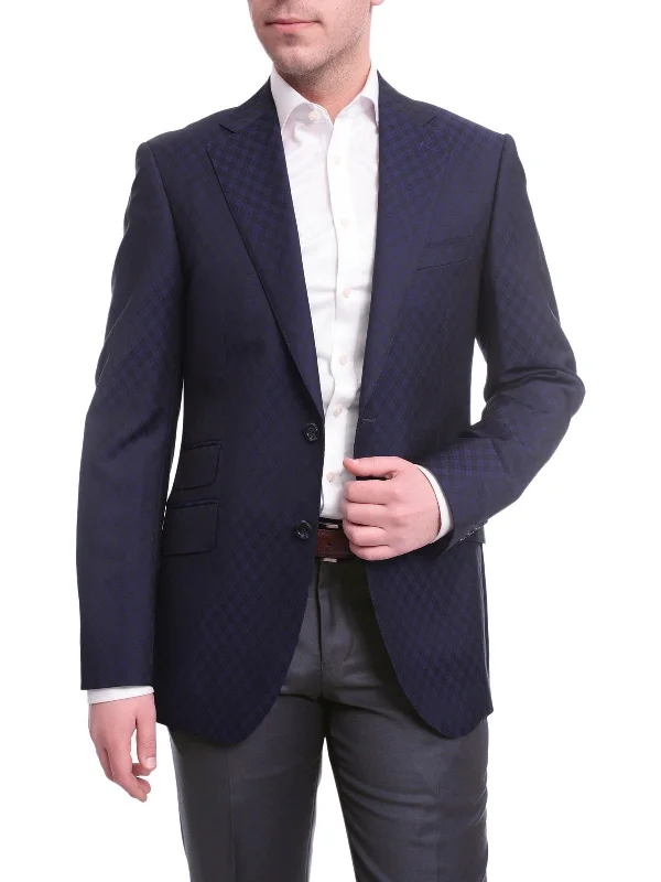 Men's Suits for Cold WeatherNapoli Slim Fit Blue Diamond Check Half Canvassed V.B.C Wool Blend Blazer