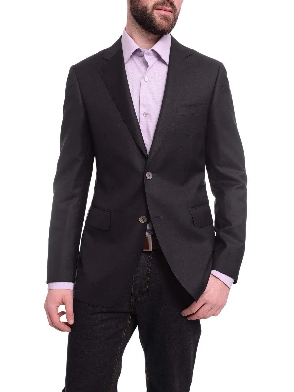 Men's Suits with Plain-Front Trouser WaistsNapoli Slim Fit Solid Black Half Canvassed Tallia Delfino Wool Silk Blend Blazer