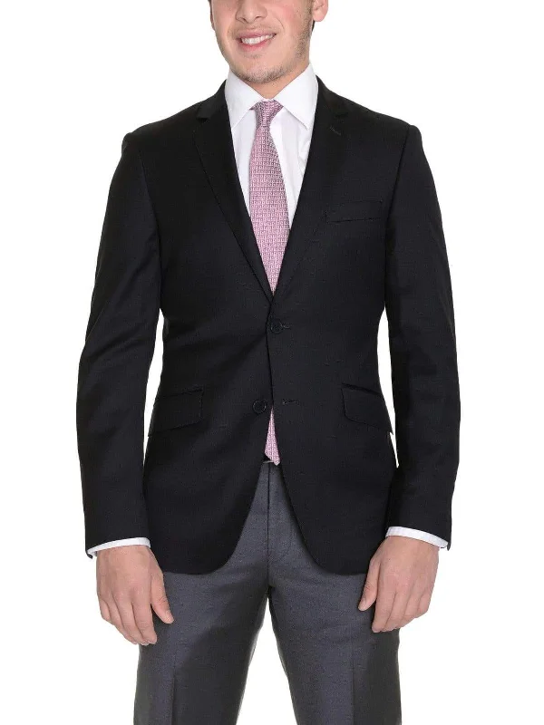 Men's Suits with Tweed FabricsMens Slim Fit Solid Black Two Button Wool Blazer Suit Jacket