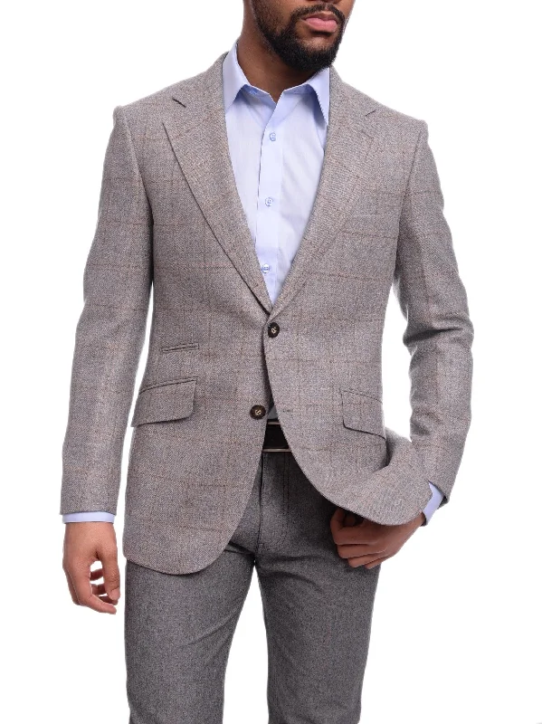 Men's Suits with Cotton-Blend FabricsNapoli Slim Fit Gray & Tan Windowpane Two Button Half Canvassed Wool Blazer