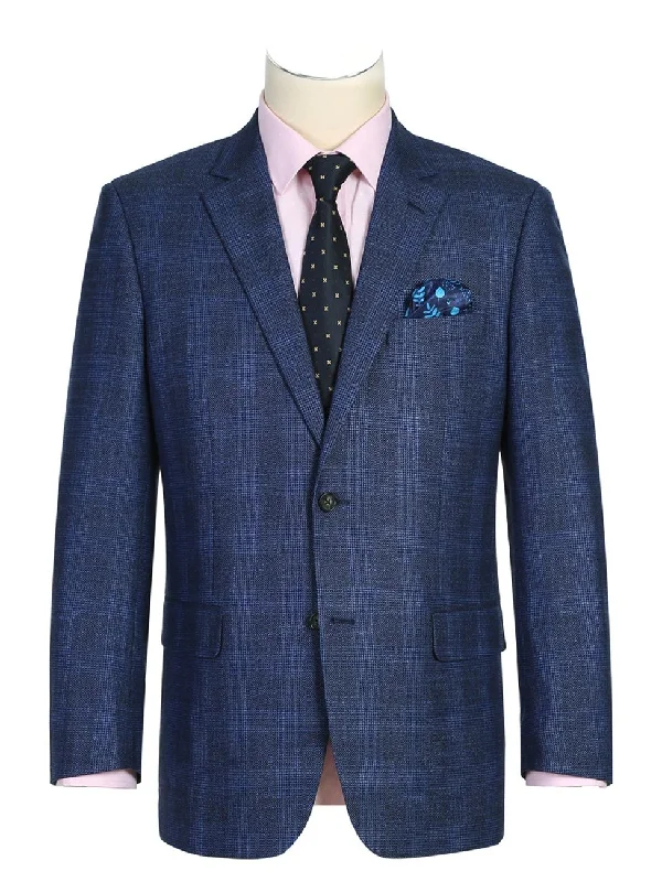 Men's Suits with Cotton LiningsMen's Classic Fit Single Breasted Two Button Navy Big-Plaid Suit Jacket Blazer