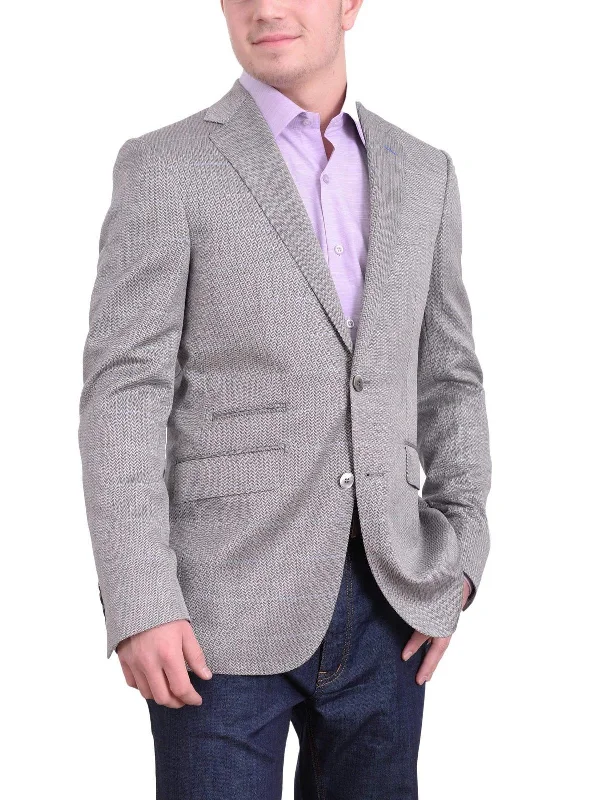 Trendy Men's Patterned SuitsMens Napoli Gray Herringbone Half Canvassed Wool Silk Blend Blazer Sportcoat