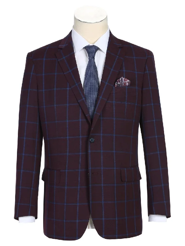 Men's Suits with Satin LiningsMen's Slim Fit Two Button Burgundy with Blue Check Blazer Sportcoat