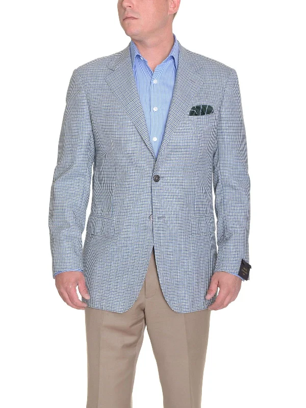 Men's Suits with Half-Canvas ConstructionsSartoria Partenopea 40R 50 White Blue Green Check Wool 3 Button Men's Sportcoat