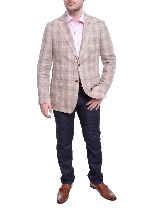 Men's Suits with Phone PocketsMens Classic Fit Tan With White & Brown Plaid Two Button Linen Blazer Sportcoat