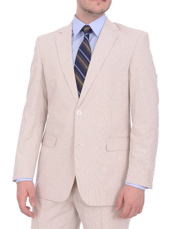 Men's Suits with Relaxed FitsEmigre Classic Fit Tan Pinstriped Two Button Cotton Seersucker Blazer