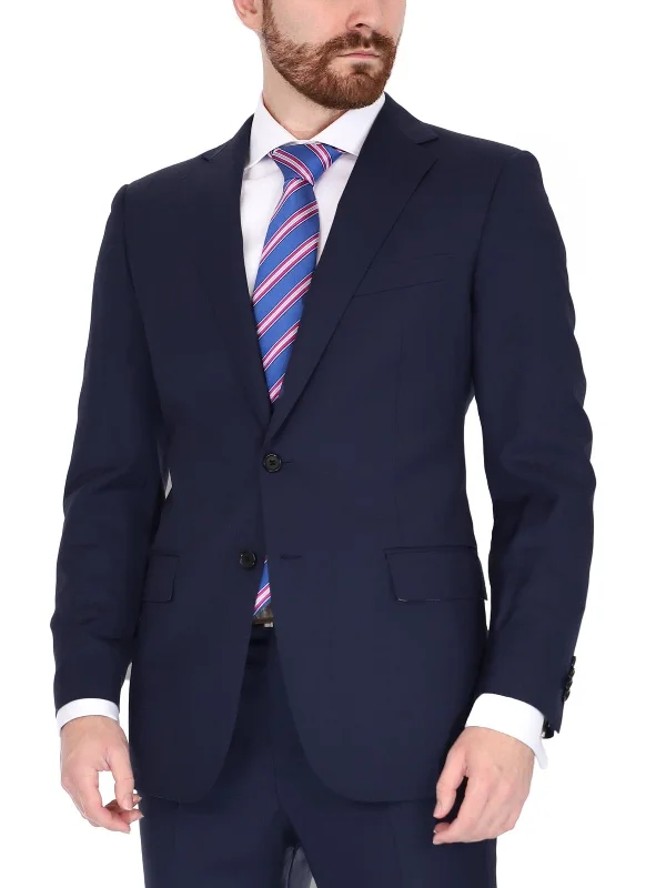 Men's Suits for Corporate SettingsBlujacket Mens Solid Navy Blue 100% Wool Trim Fit 2 Button Blazer Sportcoat