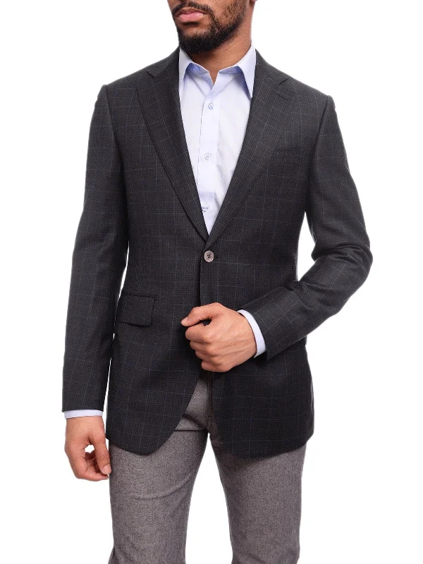 Men's Suits for Formal EventsNapoli Classic Fit Blue Windowpane Plaid Half Canvassed Super 150s Wool Blazer