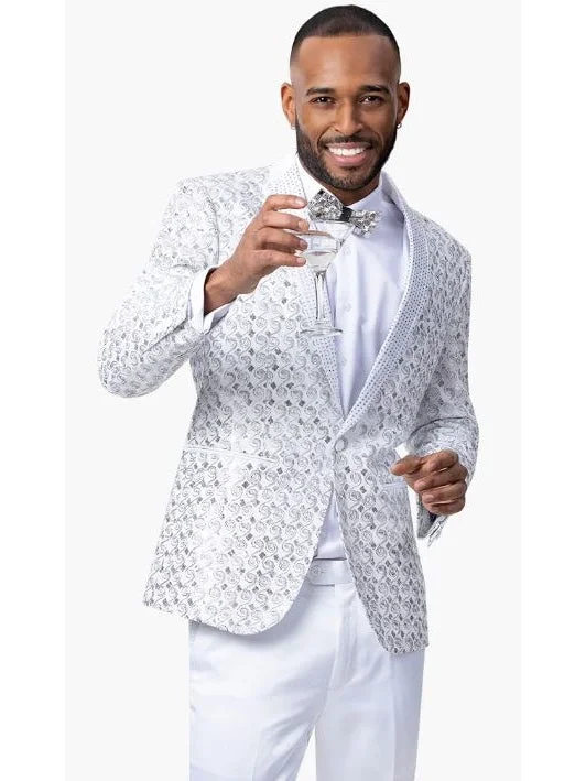 Men's Suits with Flat-Front TrousersKent & Park Mens White Beaded Tuxedo Prom Jacket With Matching Bowtie