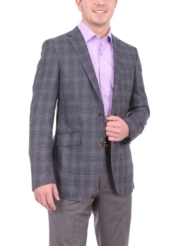 Men's Suits with Custom MonogramsNapoli Slim Fit Blue & Gray Plaid Half Canvassed Silk Wool Blazer Sportcoat