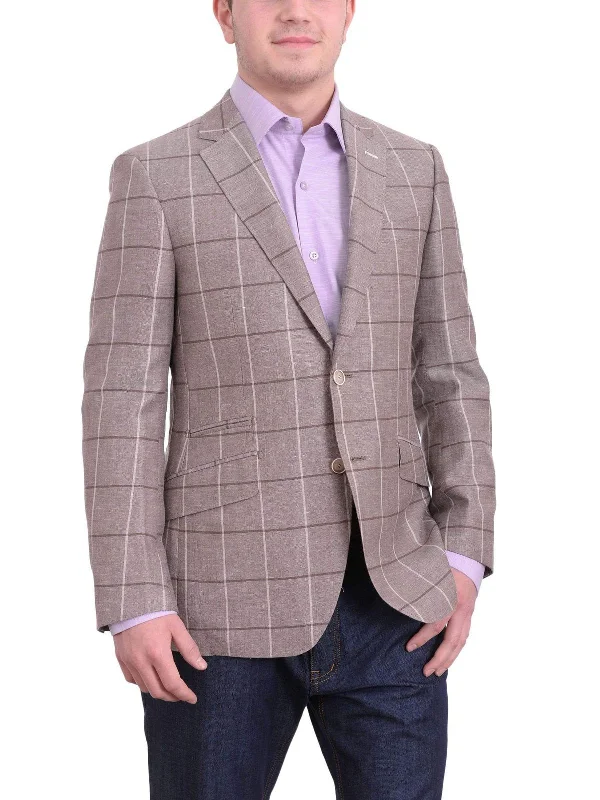 Men's Suits with Hidden PocketsMens Napoli Taupe Windowpane Half Lined Wool Linen Blend Blazer Sportcoat