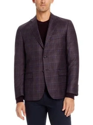 Men's Suits for Big and Tall MenMens Purple Plaid 100% Reda Wool Two Button Blazer Sportcoat