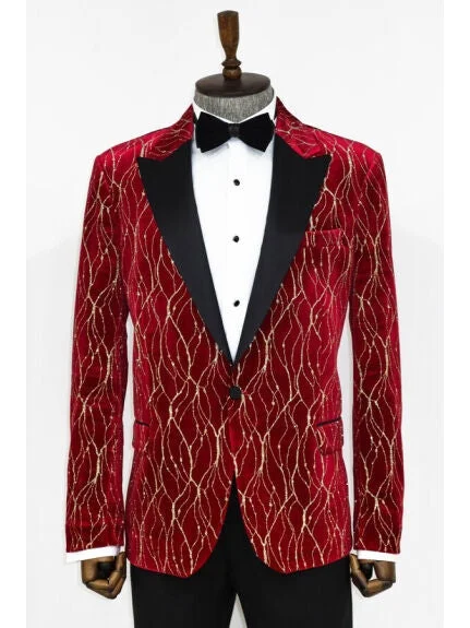 Men's Suits with Synthetic FabricsWessi Mens Red & Gold Classic Fit Tuxedo Prom Jacket With Black Peak Lapels