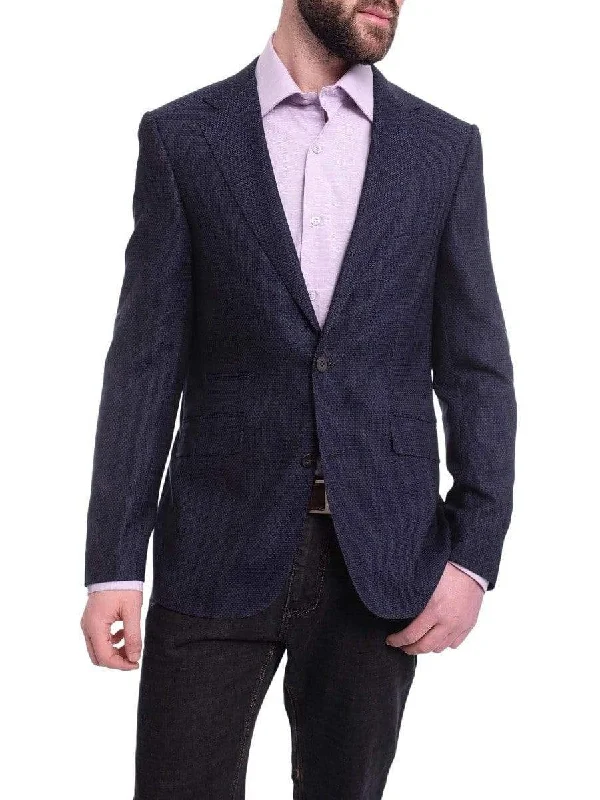 Men's Suits with Wide LegsNapoli Slim Fit Blue Textured Two Button Half Canvassed Wool Blazer Sportcoat