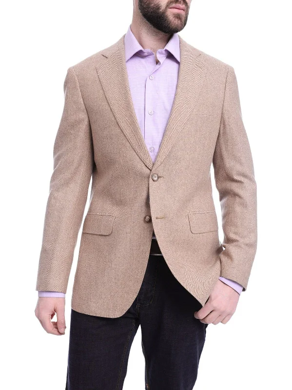 Cool Men's Modern SuitsNapoli Slim Fit Tan Herringbone Half Canvassed Cashmere Blazer Sportcoat