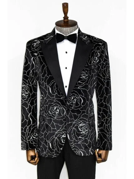 Men's Suits with Cotton-Blend FabricsWessi Silver Rose Patterned Over Black Slim Fit Tuxedo Prom Jacket Blazer With Peak Lapels