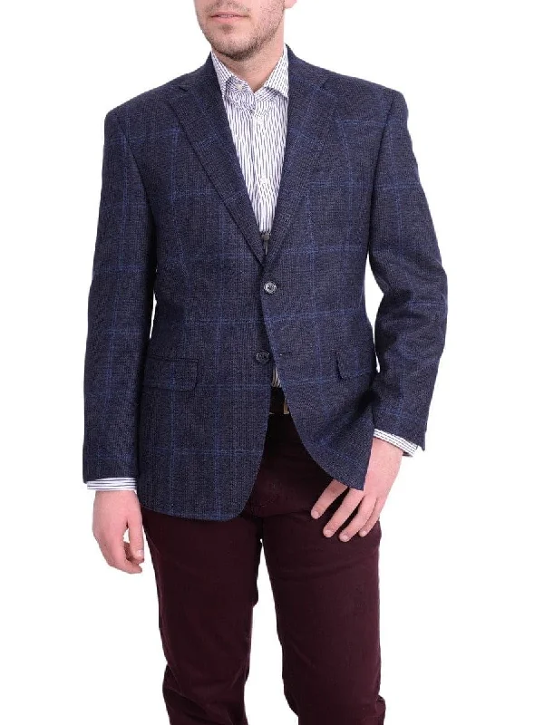 Modern Men's Tailored BlazersI Uomo Mens Regular Fit Navy Blue Plaid Two Button Wool Blazer Sportcoat