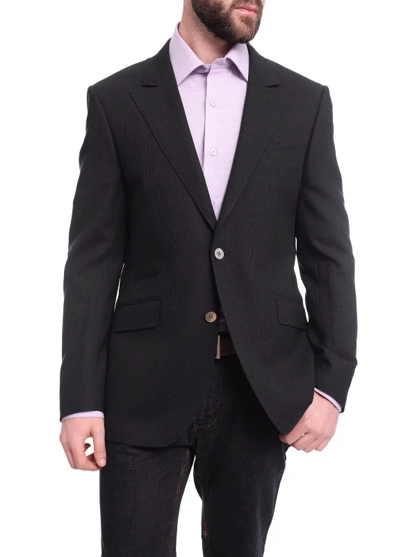 Men's Suits with Three-Button JacketsNapoli Slim Fit Black Textured Half Canvassed Zegna Wool Blazer Sportcoat