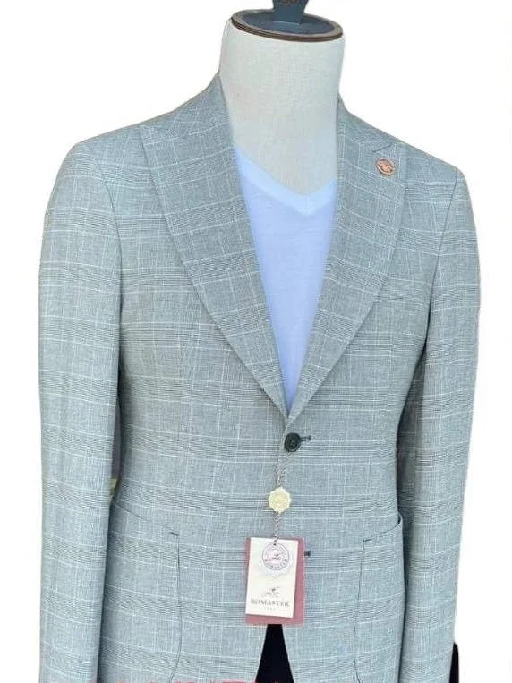 Men's Suits with Cuffed Trouser LegsRomaster Mens Slim Fit Gray Plaid Linen Blend Blazer Sportcoat With Peak Lapels