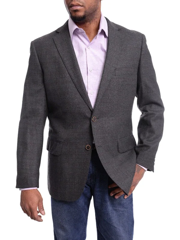 Men's Suits with Pass-Through PocketsArthur Black Classic Fit Gray With Brown Plaid Two Button Wool Blazer Sportcoat