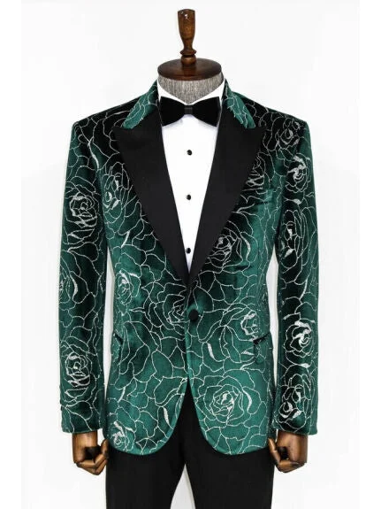 Men's Suits with Linen-Blend FabricsWessi Mens Silver Rose Patterned Over Green Slim Fit Tuxedo Prom Jacket Blazer With Peak Lapels