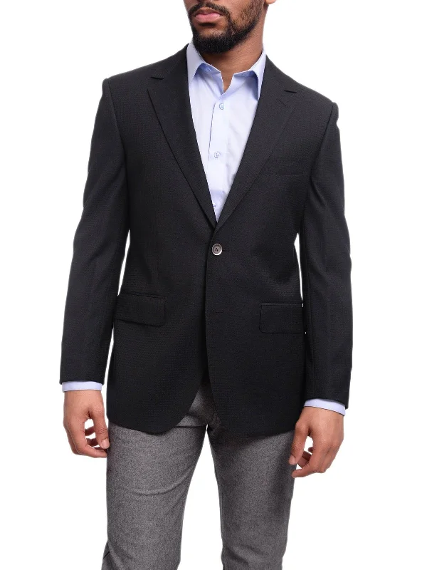 Stylish Men's Velvet SuitsNapoli Classic Fit Navy Blue Tonal Houndstooth Half Canvassed Wool Silk Blazer