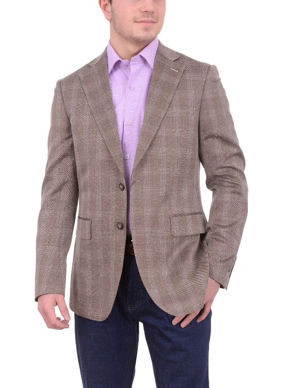 Men's Suits with Security PocketsMens Napoli Slim Fit Brown Plaid Half Canvassed Wool Silk Blend Blazer Sportcoat