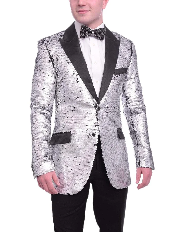 Comfortable Men's Stretch SuitsBarabas Extra Slim Black Silver Sequin Blazer Sportcoat With Satin Peak Lapels