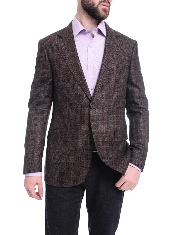 Men's Suits with Peak LapelsNapoli Slim Fit Brown Glen Plaid Two Button Half Canvassed Wool Blazer Sportcoat