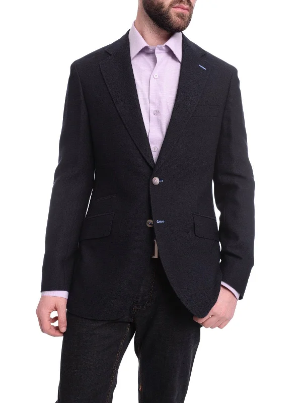 Men's Suits with Pleated TrousersNapoli Slim Fit Navy Blue Textured Half Canvassed Marzotto Wool Blazer Sportcoat