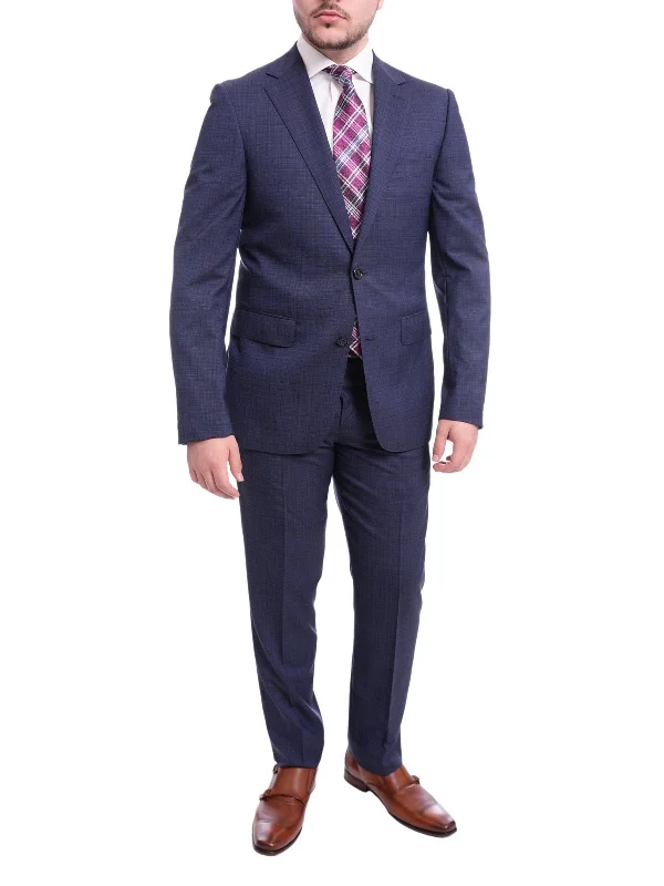 Men's Suits with Matching Ties and Pocket SquaresNapoli Slim Fit Blue Textured Two Button Half Canvassed Wool Blazer Sportcoat