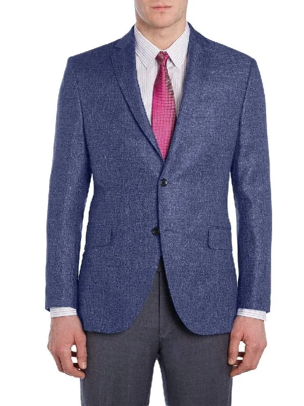 Men's Suits with Patch PocketsMens Modern Fit Blue Textured Two Button Wool Blazer Sportcoat