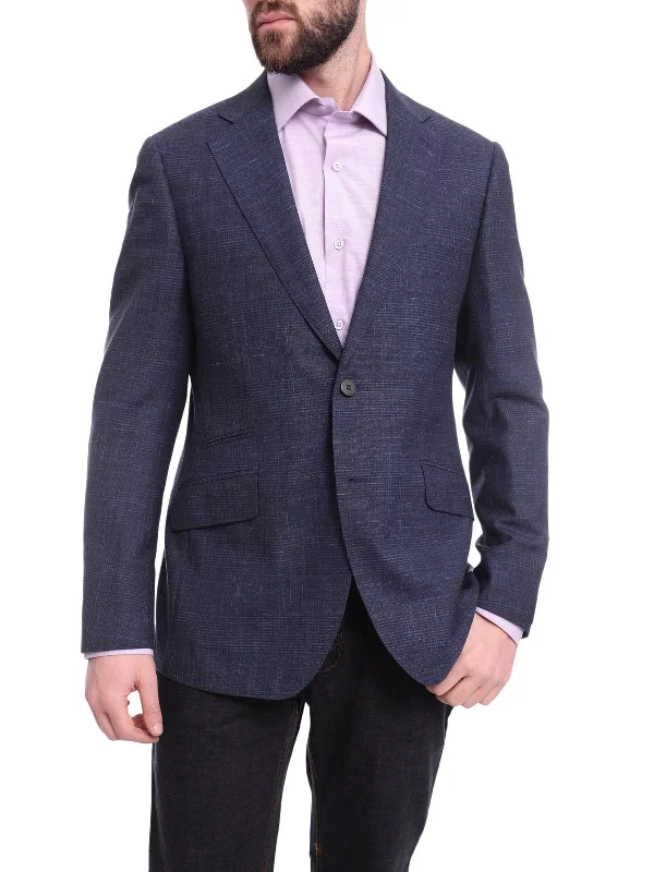 Men's Suits for Cultural FestivalsNapoli Slim Fit Blue Check Half Canvassed Loro Piana Wool Linen Blazer Sportcoat