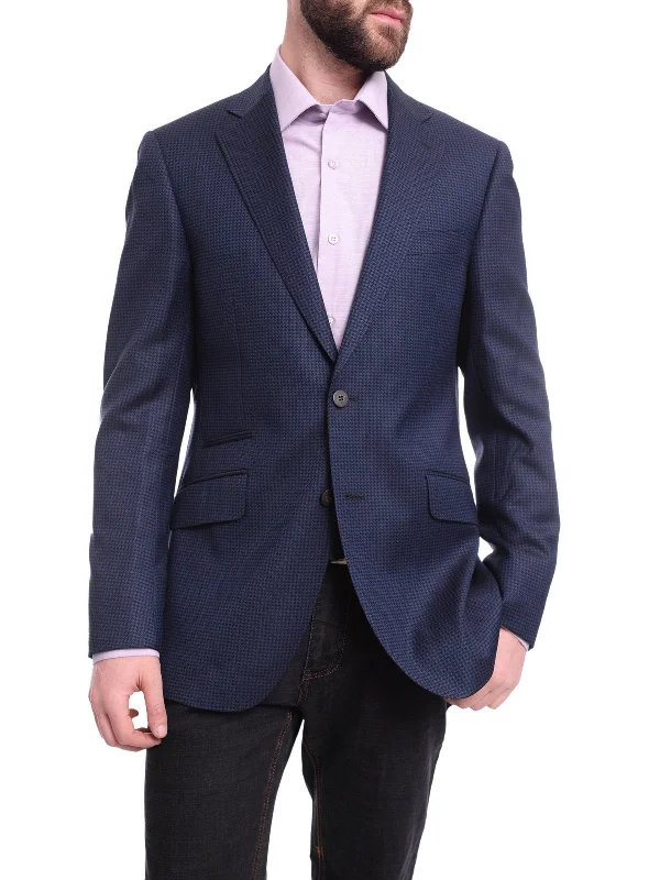 Men's Suits with Wrinkle-Resistant FabricsNapoli Slim Fit Blue Houndstooth Half Canvassed Vbc Wool Silk Blazer Sportcoat