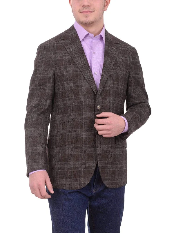 Men's Suits with Structured JacketsMens Napoli Brown Plaid Half Canvassed Wool Blazer Sportcoat With Elbow Patches