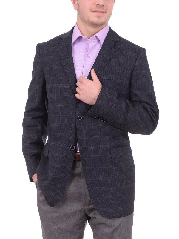 Weather-Ready Men's Water-Resistant SuitsZanetti Classic Fit Navy Blue Plaid Two Button Wool Blazer Sportcoat