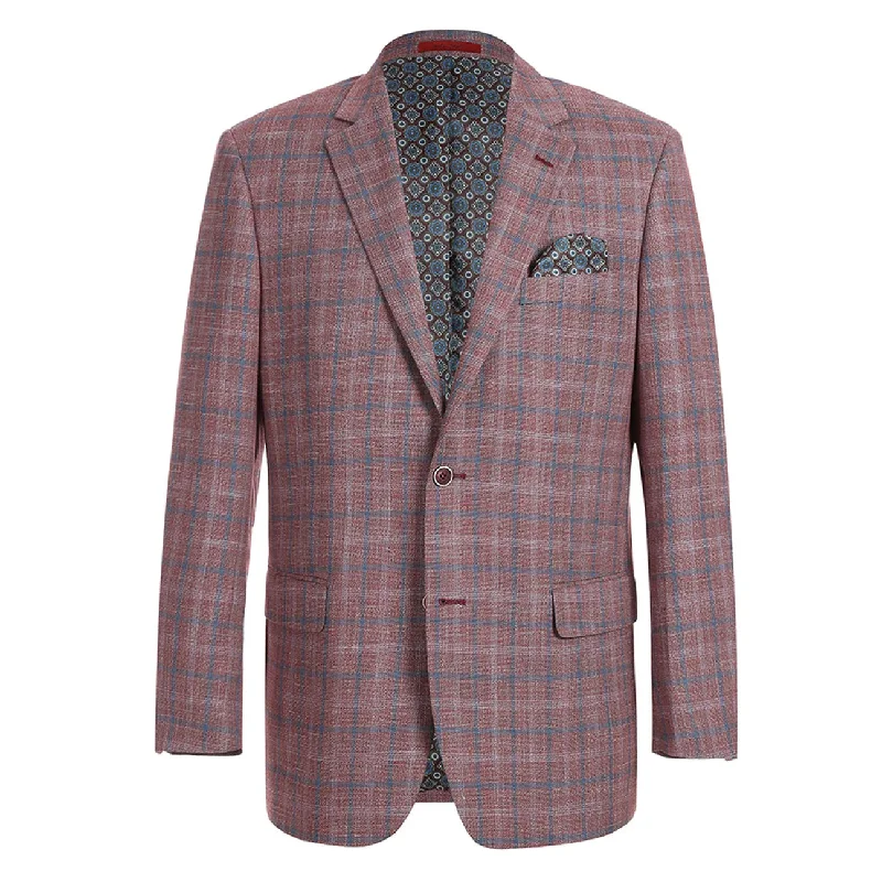 Men's Suits with Breathable FabricsRaphael Mens Burgundy Plaid Classic Fit 2 Button Stretch Blazer Sportcoat