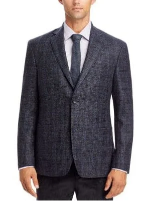 Men's Suits for Tall MenMens Navy Blue Plaid 100% Wool Half Lined Two Button Blazer Sportcoat