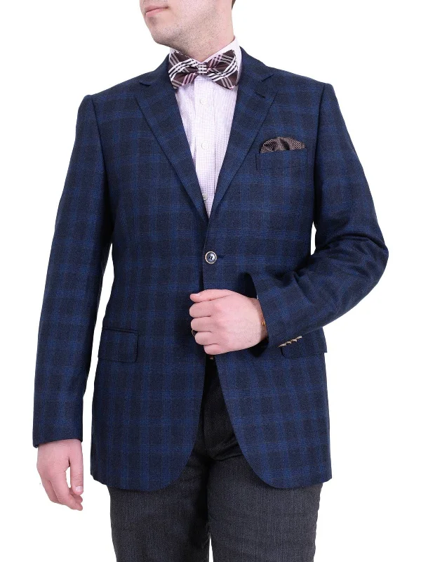 Men's Suits with Satin LiningsZanetti Regular Fit Navy Blue Plaid Two Button Wool Blazer Sportcoat