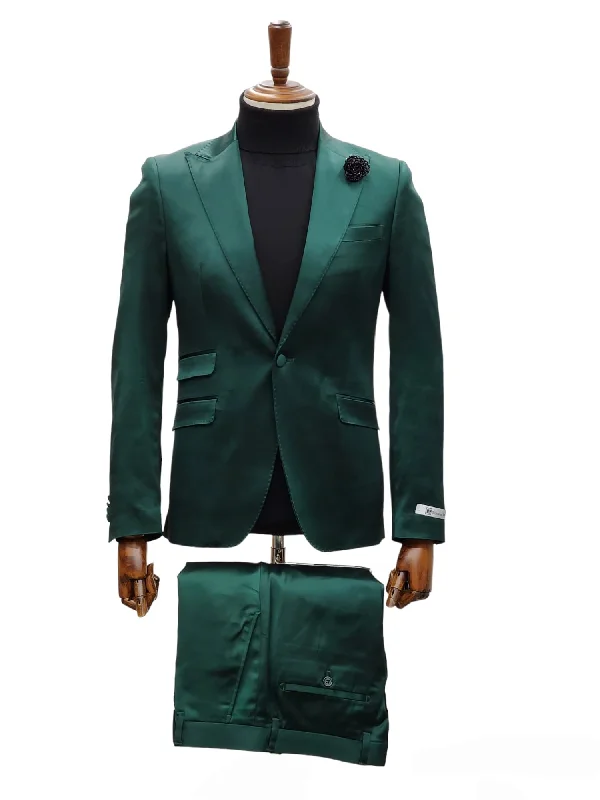 Men's Suits for Sports EventsGiovanni Testi 1 Button Peak Lapel Stretch Satin Slim Fit Suit GT1P-19035 GREEN