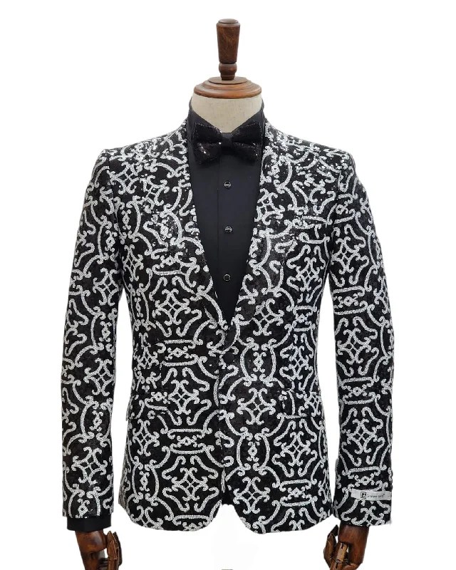 Classic Men's Three-Piece SuitsGiovanni Testi 1 Button Slim Fit Peak Lapel Sequin Suit GT1P-3499 Blk/Wht