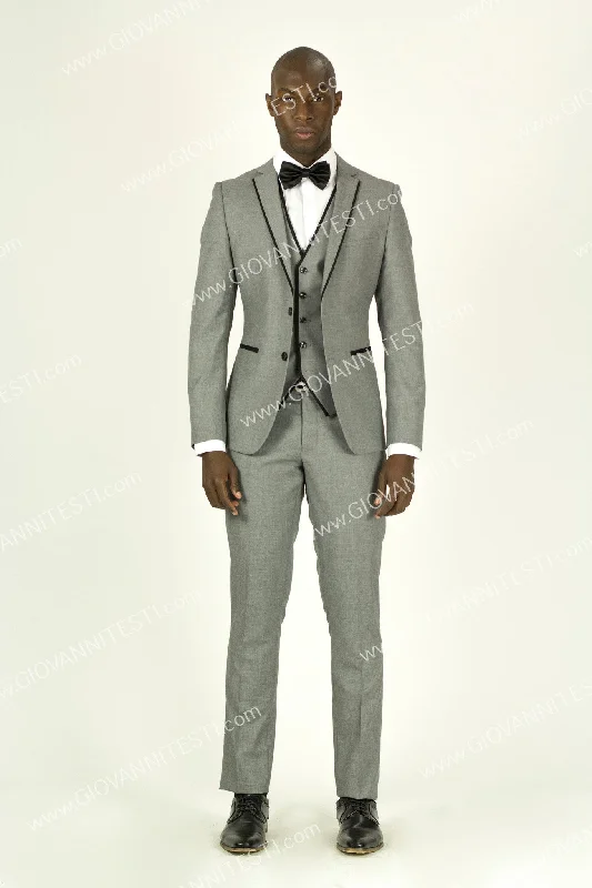 Men's Suits with Hidden PocketsFabio Fabrinni 2 Button 3 Piece Grey Slim Fit Suit with Taping FF2NAV-1230 L. GREY/BLK