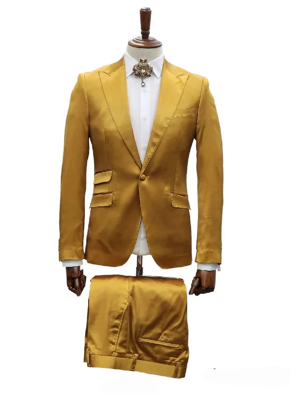 Men's Suits with Breathable FabricsGiovanni Testi 1 Button Peak Lapel Stretch Satin Slim Fit Suit GT1P-19035 Gold