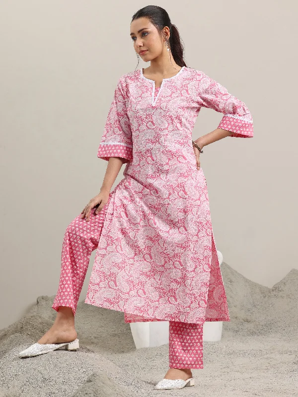 Men's Suits with Cuffed Trouser LegsPink Printed Cotton Straight Kurta With Trousers