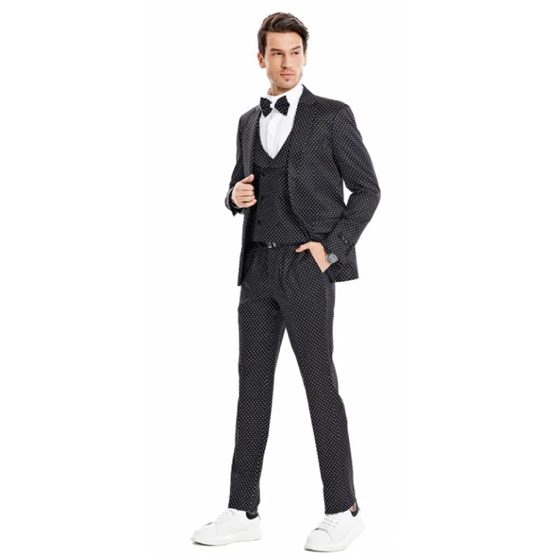 Men's Suits with Plain-Front Trouser WaistsSlim Fit Black Polka Dot Suit