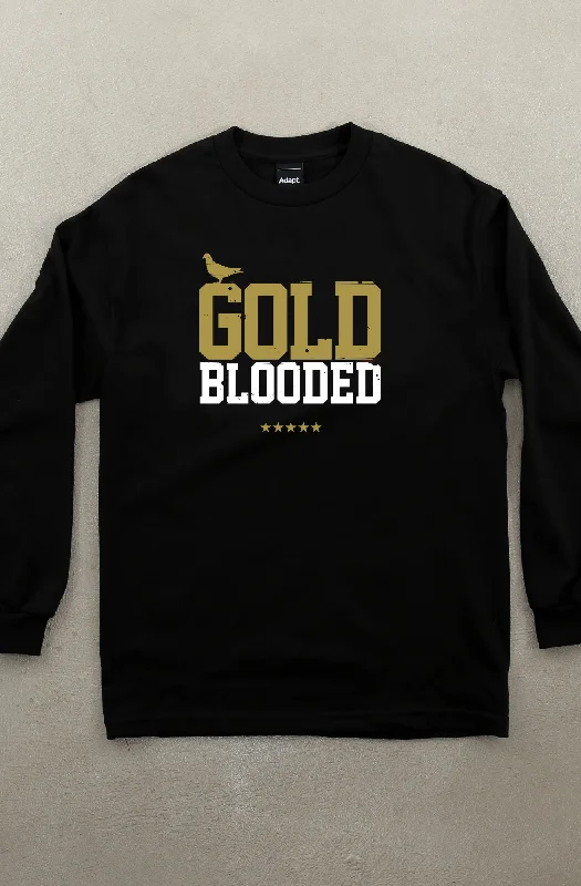 Men's Shirts with Mandarin CollarsGold Blooded (Men's Black/White/Gold Long-Sleeve Tee)