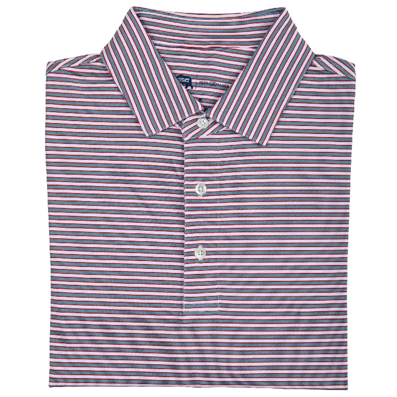 Men's Shirts with Pleated HemlinesMulligan Stripe Performance Polo - Smoke Blue/Salsa